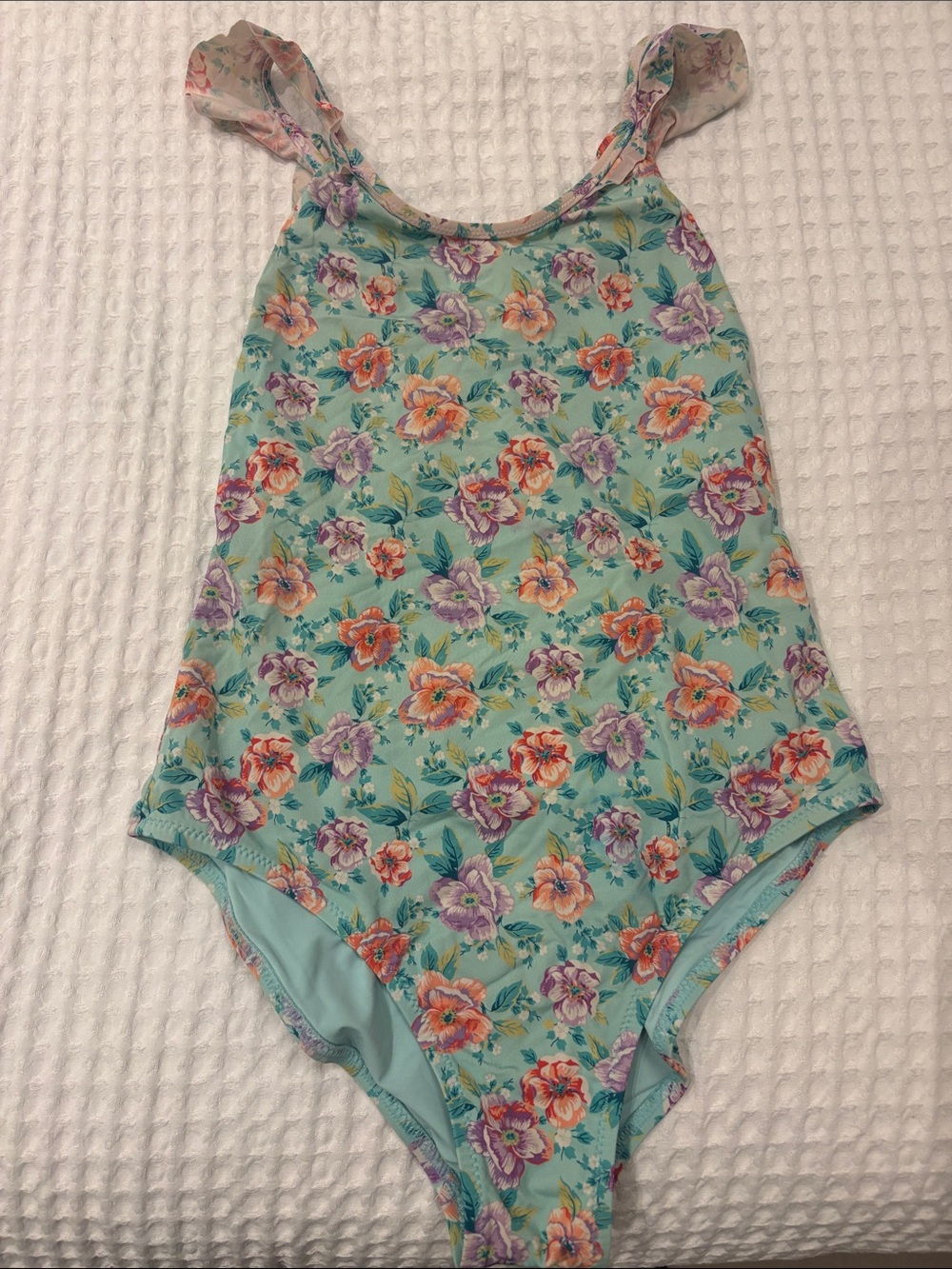 Little Girls' Aqua Floral One-Piece Swimsuit with Ruffle Straps
